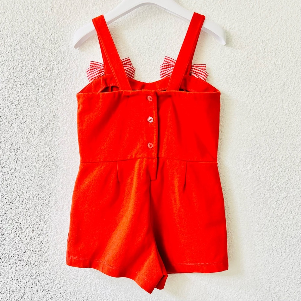 ♥️HP JANIE AND JACK Ponte Knit Romper 3 Red Jumpsuit Gingham Bow Toddler Girl - Picture 2 of 7